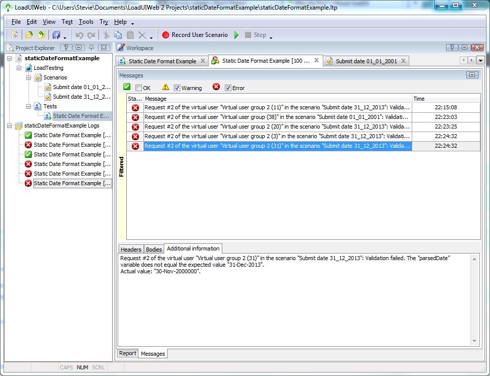 Load test results. The selected result shows the date on screen is "30-Nov-2000000" and not "31-Dec-2013" as expected.