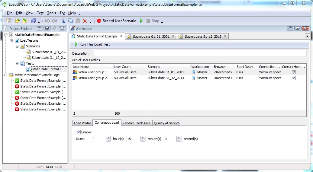 Load test setup showing two virtual user groups of 50 users each. One group submits date '01/01/2001' and the other submits date 31/12/2013'