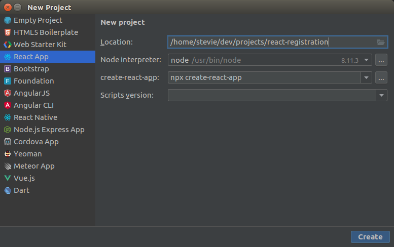 WebStorm IDE Create New Project dialog